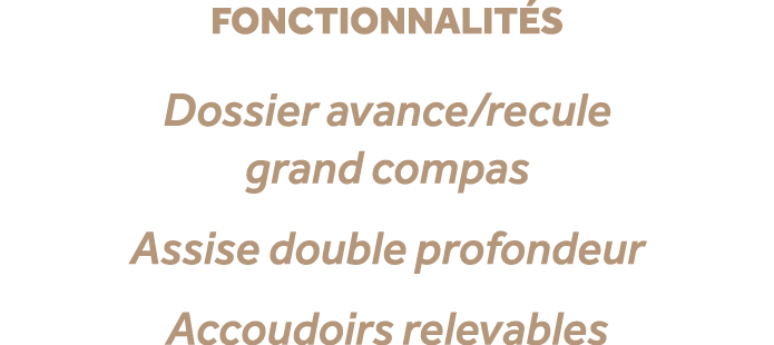fonctionnalit s Dossier avance/recule grand compas Assise double profondeur Accoudoirs relevables