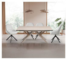 Beige and wooden hotel living room interior with table and chairs, scandinavian sideboard with decoration on light concrete floor. Panoramic window on tropics. 3D rendering